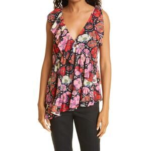 Cinq a Sept Naomi Floral Asymmetric Floral Ruffle Blouse Womens Sz XS NWT